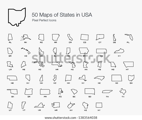 All 50 USA States Map Pixel Perfect Icons (Line Style). Vector icons of