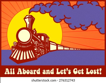 All aboard and let's get lost! Retro puffing steam train engine at sunset, express train