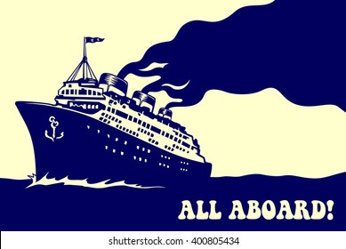 All Aboard! Vintage Steam Transatlantic Ocean Cruise Liner Ship With Smoke Puff, Retro Traveling Isolated Vector Illustration