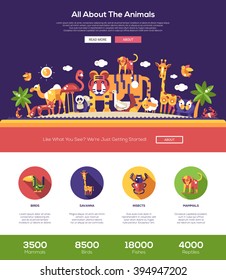 All about animals one page website template layout with thin line design header, banner, icons and other flat web elements