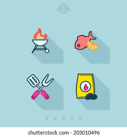 All about barbecue time -  BBQ, Grilled fish, Barbecue utensils, Barbecue briquette. 