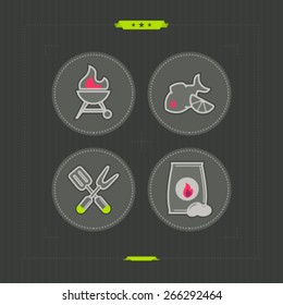 All about barbecue time - BBQ, Grilled fish, Barbecue utensils, Barbecue briquette. 