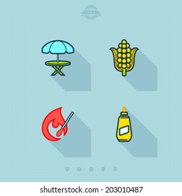 All about barbecue time -  Umbrella and table, Ear of maize (corn), Igniting match, American Mustard. 