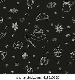 All about coffee. Desserts. Flavoring. Seamless pattern. Isolated