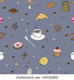 All about coffee. Desserts. Flavoring. Seamless pattern. Isolated