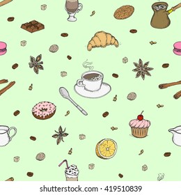 All about coffee. Desserts. Flavoring. Seamless pattern. Isolated