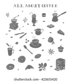 All about coffee. Methods making coffee. Desserts. Flavoring. Doodle set. Isolated