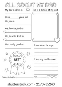 All about dad gift for Father's Day, printable coloring card for kids, dad gift, writing practice, dad birthday, questionnaire