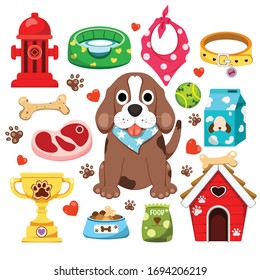 All about dog, isolated design elements.Poster of Dogs and dog accessories illustrated.