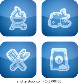 All about food, appliances, objects and other things in relation to Barbecue, pictured here from left to right, top to bottom: BBQ, Grilled fish, Barbecue utensils, Barbecue briquette.