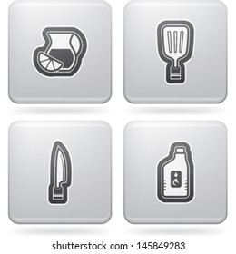 All about food, appliances, objects and other things in relation to Barbecue, pictured here from left to right: Juice jag, Spatula, Knife, Firelighting. 