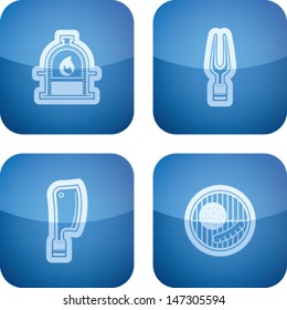 All about food, appliances, objects and other things in relation to Barbecue, pictured here from left to right, top to bottom: Brick Grill, Fork, Axe, Grill top with a meal. 