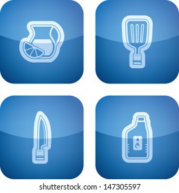 All about food, appliances, objects and other things in relation to Barbecue, pictured here from left to right, top to bottom: Juice jag, Spatula, Knife, Firelighting. 