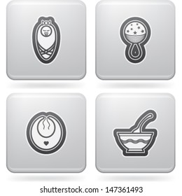 Alles über Lebensmittel, Geräte, Objekte und andere Dinge in Bezug auf Barbecue, hier von links nach rechts abgebildet: Neugeborenes Baby, Baby Rattle, Baby Bib, Baby Suppe Schüssel. 