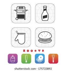 All about food, appliances, objects and other things in relation to Barbecue, pictured here from left to right, top to bottom:  BBQ, Ketchup, Kitchen glove, Cheeseburger. 