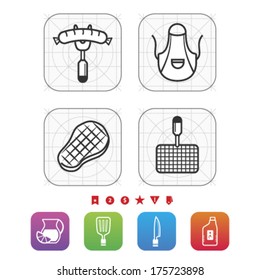 All about food, appliances, objects and other things in relation to Barbecue, pictured here from left to right, top to bottom:  Sausage, Apron, Steak, Barbecue utensils. 