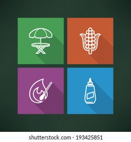 All about food, appliances, objects and other things in relation to Barbecue, pictured here from left to right, top to bottom - Umbrella and table, Ear of maize, Igniting match, American Mustard. 