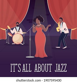 Its all about jazz social media post mockup. Special evening phrase. Web banner design template. Music party booster, content layout with inscription. Poster, print ads and flat illustration
