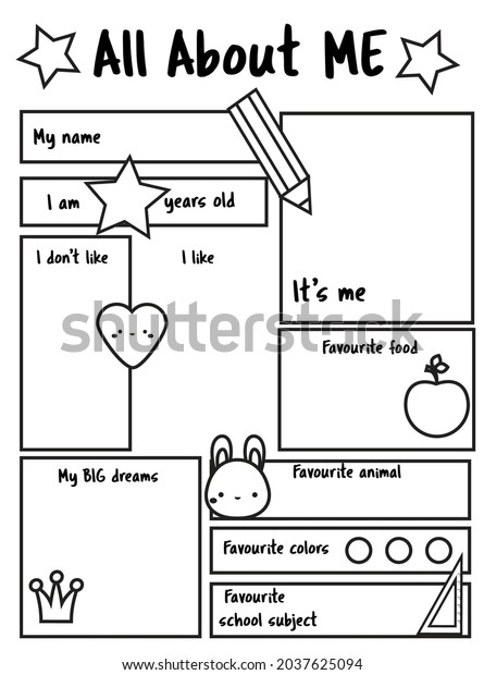 All about me printable sheet for back to school.\
Writing prompt for kids blank. Educational children page. Printable\
sheet for class teachers