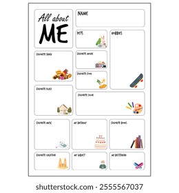 All About Me WorkSheets English customizable worksheet template white background