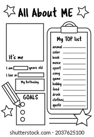 All About Me. Writing Prompt For Kids. Educational Children Page. Printable Sheet For Back To School Theme