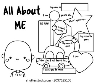 All About Me. Writing Prompt For Kids. Educational Children Page. Printable Sheet For Class Teachers. Back To School Activity