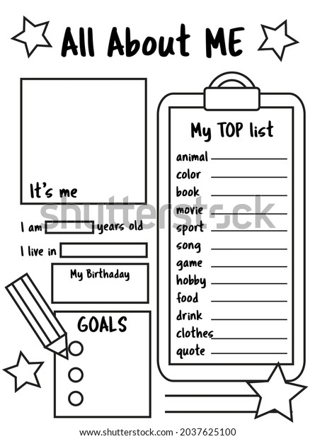 All about me.\
Writing prompt for kids. Educational children page. Printable sheet\
for Back to school theme
