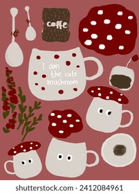 All about mushrooms coffee, tea, cups patterns on pink background for business presentation, branding package, fabric print, wallpaper, social media post, doodle, notes, book covers, wall decor.
