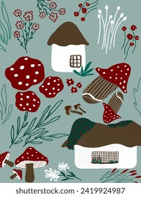 All about mushrooms patterns on green background for branding package, fabric print, wallpaper, social media post, doodle, notes, book covers, wall decor.