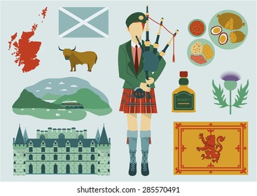 All about Scotland elements. National map,food,tourist attractions,castle,flower and etc.