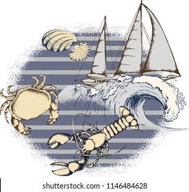 All about sea voyages. Design for t-shirt print, poster or tattoo. Vector illustration.