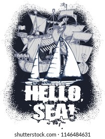 All about sea voyages. Design for t-shirt print, poster or tattoo. Vector illustration.