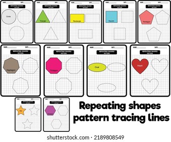 All About Shapes on Grid. Repeat Pattern. Tracing Lines Activity, Special for preschool kids. Worksheet for practicing fine motor skills.