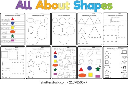 All About Shapes Trace And Color The Geometric Shapes, Worksheet For Kids, Fine Motor Skills Activity.