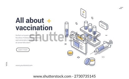 All about vaccination web banner. Isometric vector illustration template for a medical landing page. Modern design with syringe and test tubes for immunization and healthcare information online