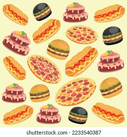 All the abundance of fast and tasty food for every whim, pizza, burger, hot-dog, cake, dessert cooking, live tasty, food, colored pattern, vector illustration