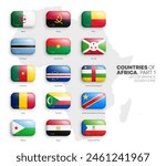 All African Countries Flags Vector 3D Rounded Glossy Icons Set Isolated On White Background Part 1. Official National Flags Of Africa Vivid Bright Color Bulging Convex Buttons Collection On Light Back