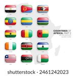 All African Countries Flags Vector 3D Rounded Glossy Icons Set Isolated On White Background Part 2. Official National Flags Of Africa Vivid Bright Color Bulging Convex Buttons Collection On Light Back