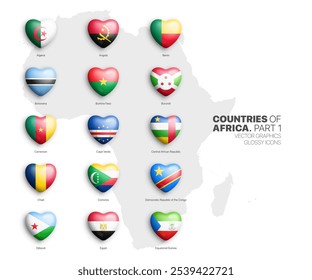 Todos Os Países Africanos Bandeiras Vetor 3D Coração Ícones Brilhantes Conjunto Isolado No Fundo Branco Parte 1. Bandeiras Nacionais Oficiais Da África Cor Brilhante Brilhante Bulging Coração Em Forma De Botões Clip Art Collection