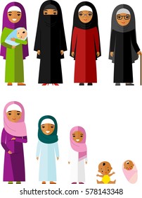 All age group of arab family. Generations muslim woman. Stages of islam development people - infancy, childhood, youth, maturity, old age. 
