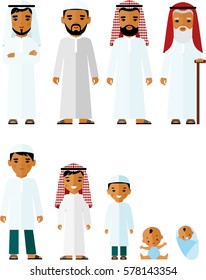 All age group of arab family. Generations muslim man. Stages of islam development people - infancy, childhood, youth, maturity, old age. 
