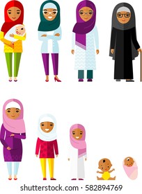 All age group of arab family. Generations muslim man and woman. Stages of islam development people - infancy, childhood, youth, maturity, old age. 
