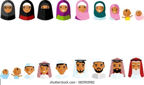 All age group of arab family. Generations muslim man and woman. Stages of islam development people - infancy, childhood, youth, maturity, old age. 
