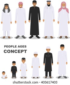 All age group of arab man family. Generations man. Stages of development people - infancy, childhood, youth, maturity, old age. Arab people generations at different ages isolated in flat style.