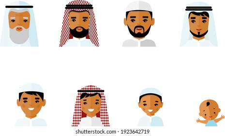 All age group of arab people. Generations arabian man. 
Stages of development people - infancy, childhood, youth, maturity, old age. Set of age group arabic avatars in colorful style.
