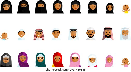 All age group of arab people. Stages of development people - infancy, childhood, youth, maturity, old age. 
Set of age group arabic avatars in colorful style. Generations arabian man and woman. 
