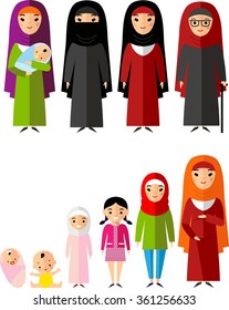 All age group of arab woman family. Generations man and woman.  Stages of development people - infancy, childhood, youth, maturity, old age.  