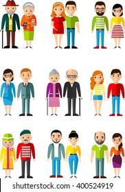 All age group of  european people. Generations man and woman. Set of  couple people different age youth, maturity, old age. 
