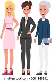 All age groups of europeans. Woman of different generations concept. Stages of development of women, adolescence, maturity, old age. Elderly, adult and young ladies in business and casual clothes