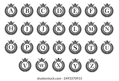 All Alphabets Initials Logos Set With Crown and Laurel Wreath - Premium Quality Letters Royal Logo Design Template